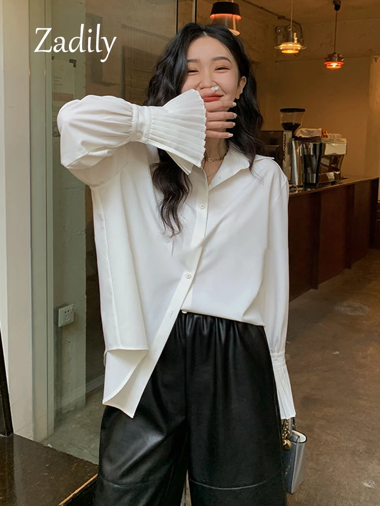 Zadily 2023 Autumn Office Lady Long Sleeve Women White Shirt Korea Lady Folds Button Up Loose Woman Blouse Work Elegant Clothing