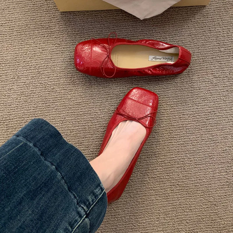 Modische Damen-Ballerinas mit Schleifenknoten, Weiche Tanzschuhe mit Quadratischer Zehenpartie, Neue Frühlings- und Herbst-Slipper für Damen – Detail 4