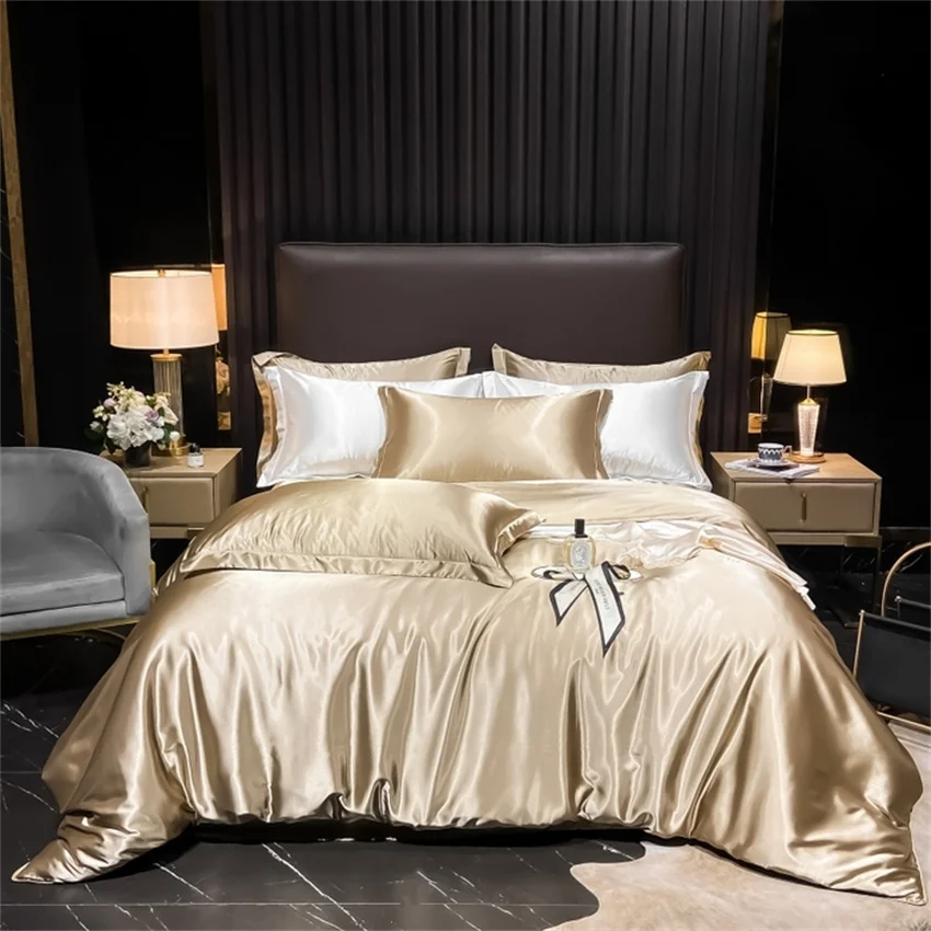 

Solid Silk Bedding Set with Duvet Cover Bed Sheet Pillow Case Luxury Single Double Couple Rayon Silk Pillowcases Bedsheet Smooth