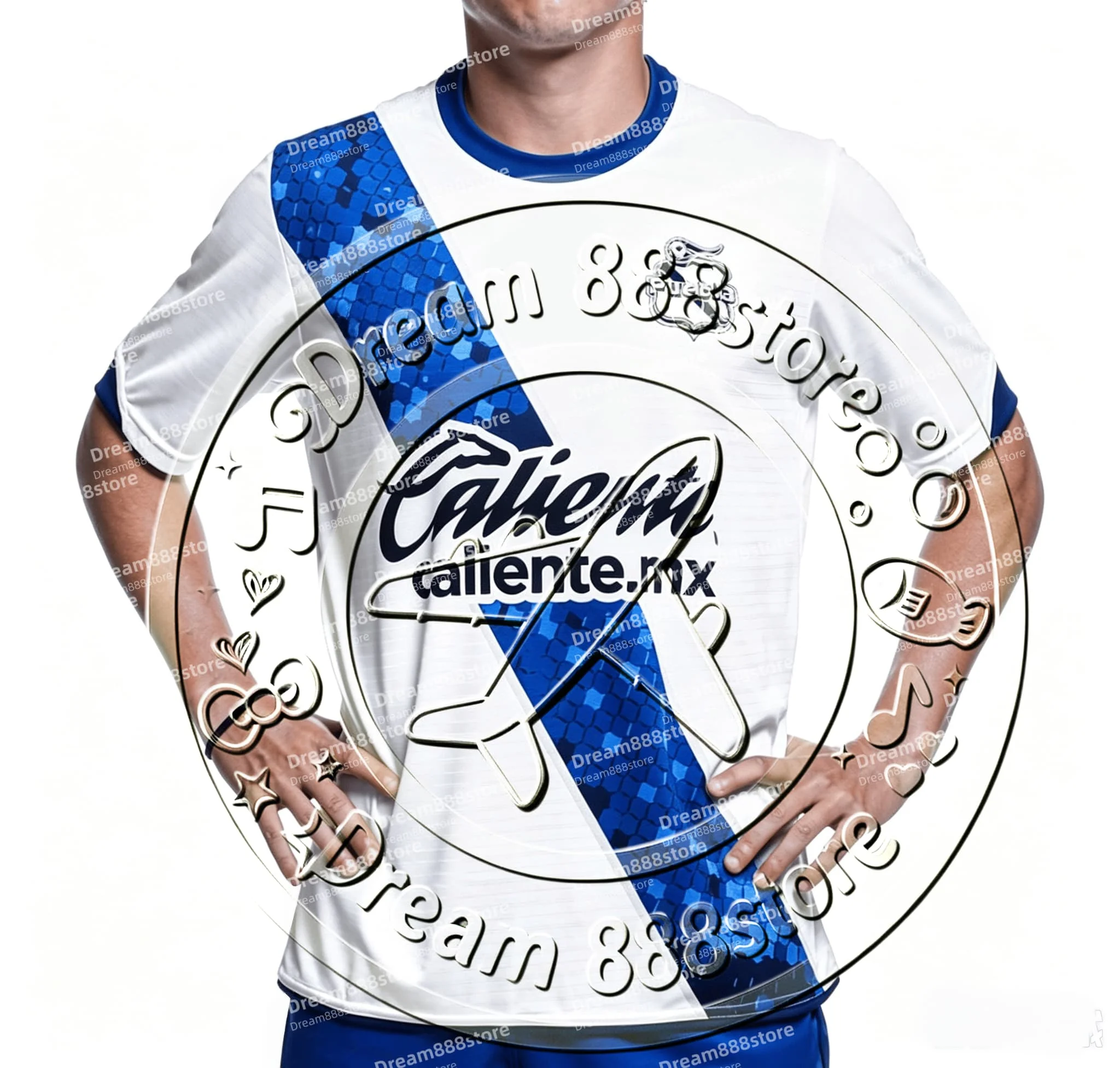 2026-27 Puebla FC Soccer Jersey Men Short Sleeve White Blue Diagonal Hexagon Print Football Shirt Fans Sport Uniform Tops