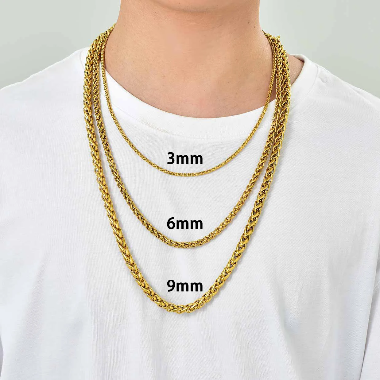 U7 Stainless Steel 3/6/9mm Wheat Twisted Rope Chain Necklaces for Men Women Multiple Length 18-30inches Stackable Daily Jewelry