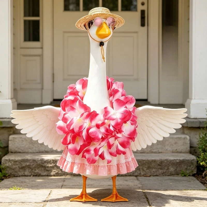 Outdoor Decoration Props Party Supplies Set Porch White Goose Clothing Outdoor Duck Statue Summer Straw Hat Wreath Glasses Set