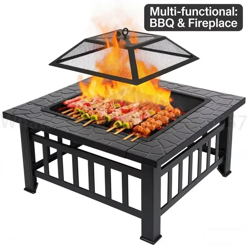 34 cm Wood Burning Bracere Giardino Square Fire Pit Fireplace Stove Brazier Table Bbq Grill with Poker Mesh Cover Rack for