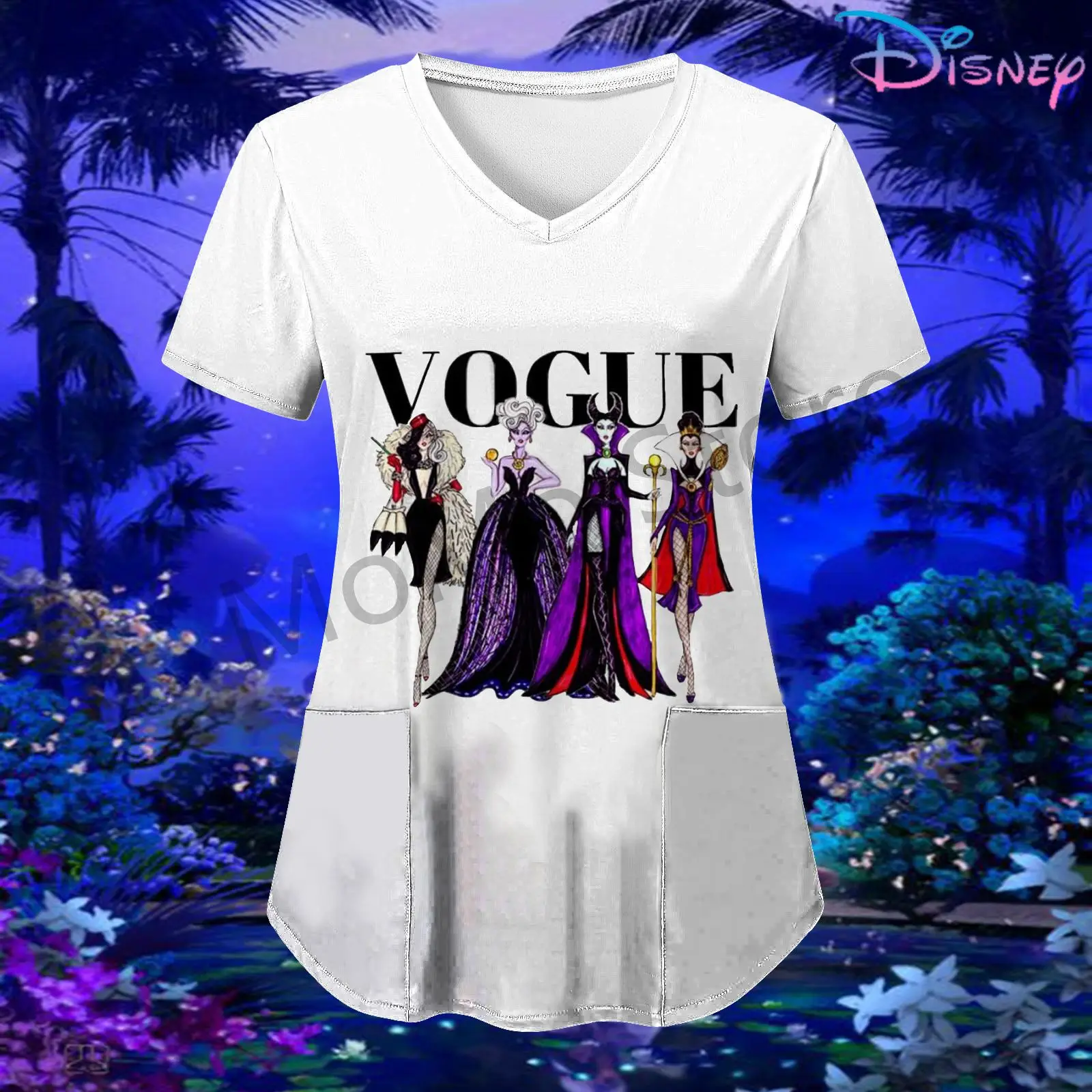 Women's V Neck Nurse Uniform T-Shirt Pocket Disney Evil Queen S-2XL New Summer Y2k Tops 2024 Short Sleeve T-shirts Leisure Party