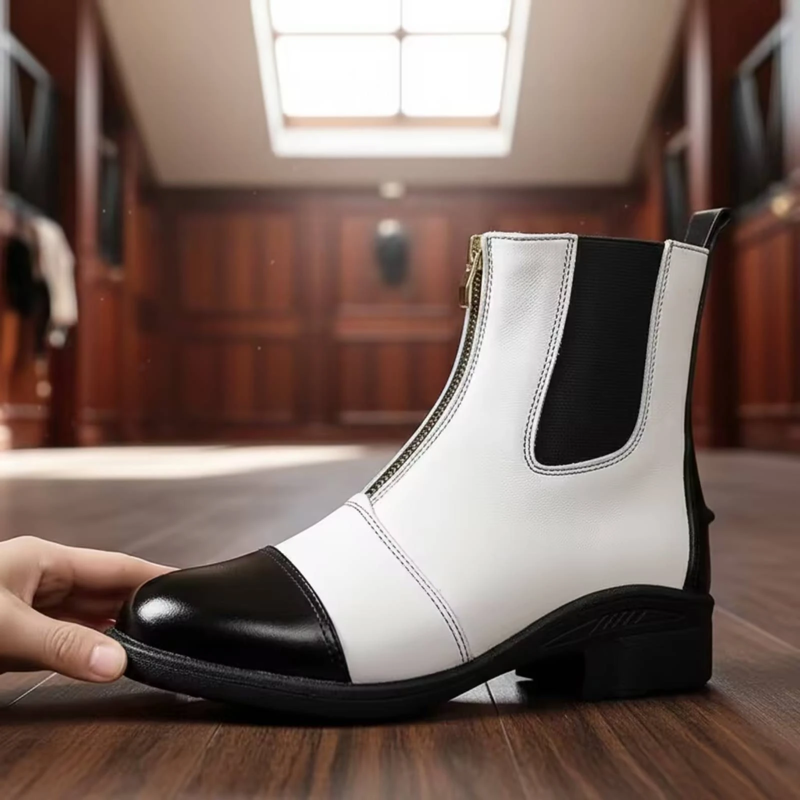 bottes-en-cuir-de-vachette-a-talon-carre-bottes-d'equitation-bicolores-avec-fermeture-eclair-laterale-chaussures-en-cuir-veritable-faciles-a-nettoyer-pour-equitauteurs