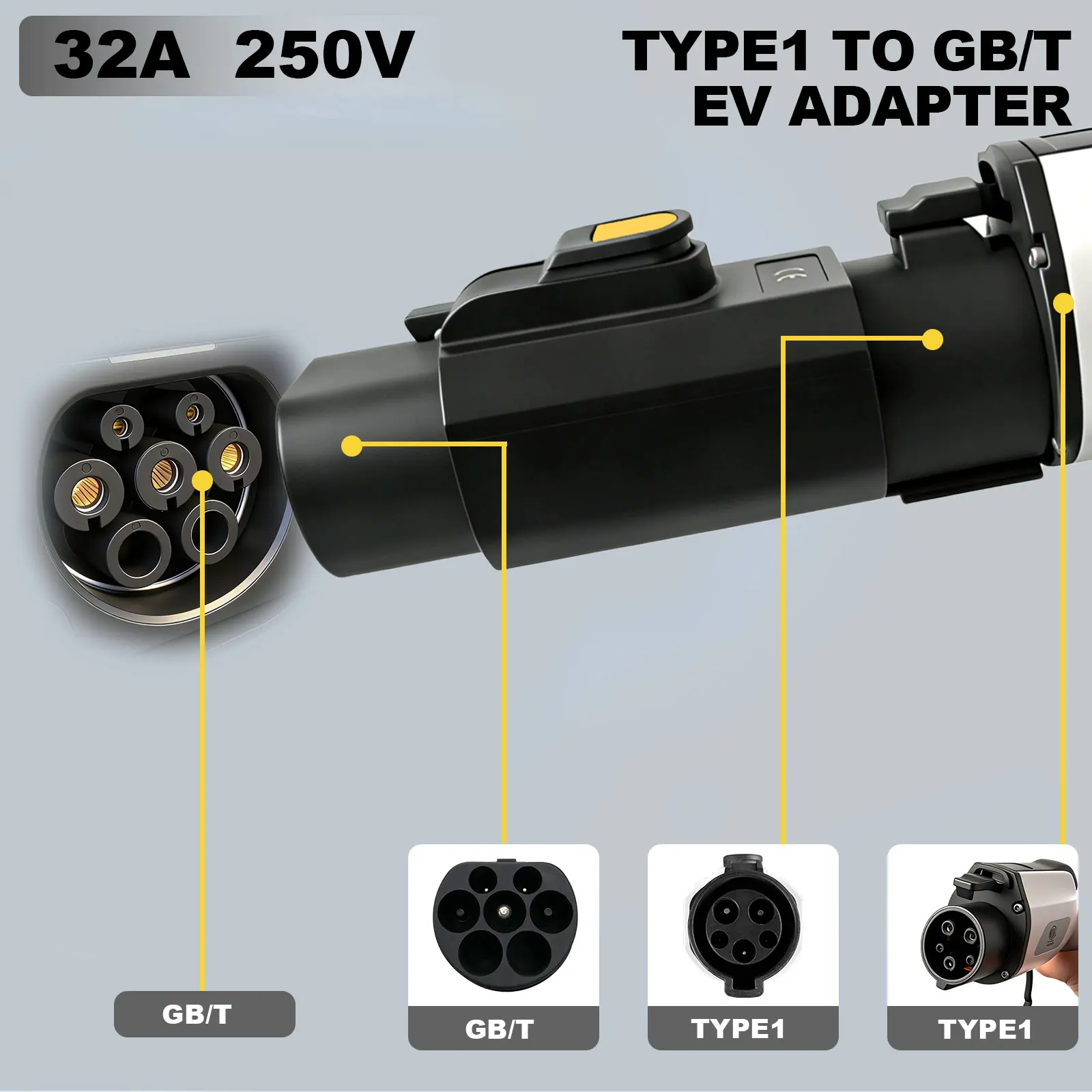 J1772 to GBT Adapter AC 250V 32A Type 1 to GB/T EV Car Charging Adaptor with Anti-Drop Button Portable Electric Vehicle Charger