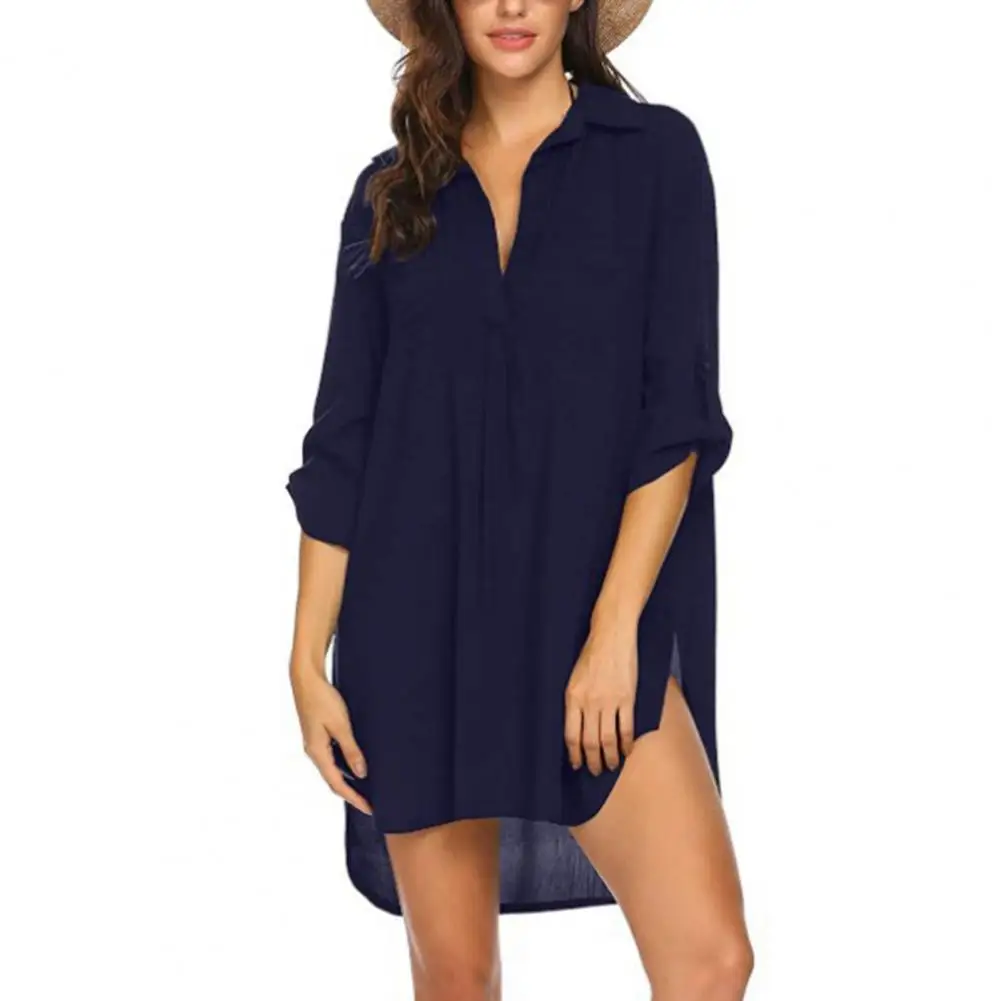 

Summer Dress Women Shirt Dress Solid Color V-neck Shirt Dress Loose Fit Three-quarter Sleeve Beach Cover-up with Side Slit