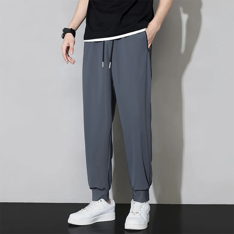 

Мужские летние тонкие дышащие брюки из ледяного шелка, свободные, с манжетами, быстросохнущие, спортивные, повседневные, модные, свободного кроя, длинные