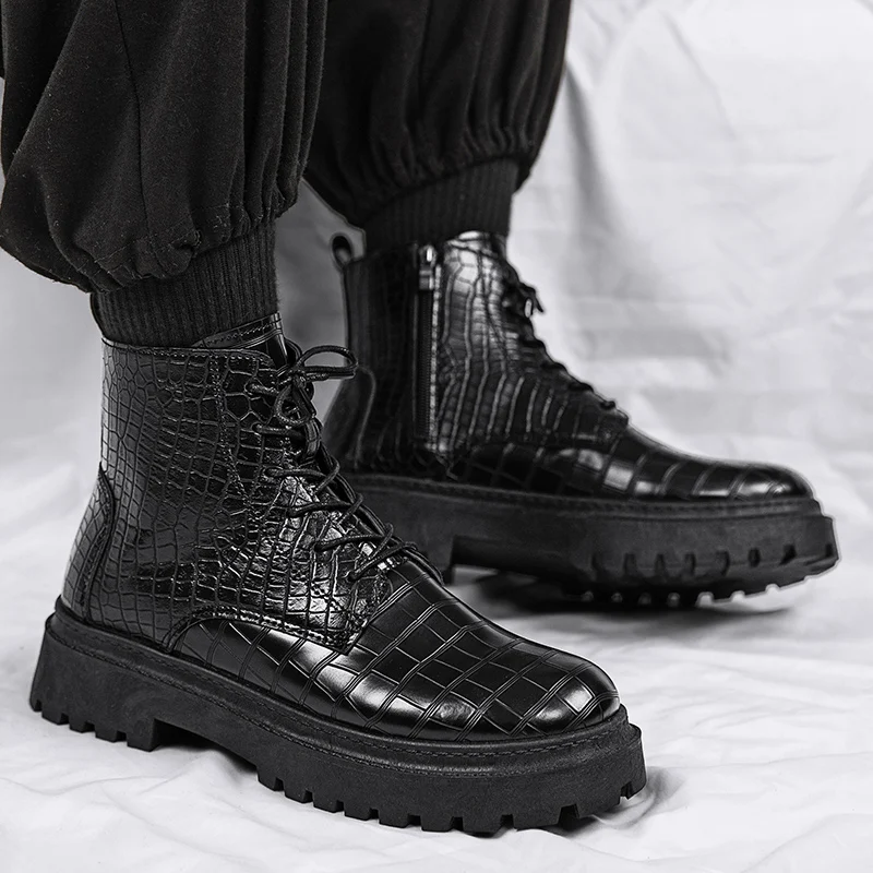 

Retro Crocodile Pattern Men's Leather Boots British Style Round Toe Ankle Boots For Man Comfy Non-slip Platform Man Casual Boots