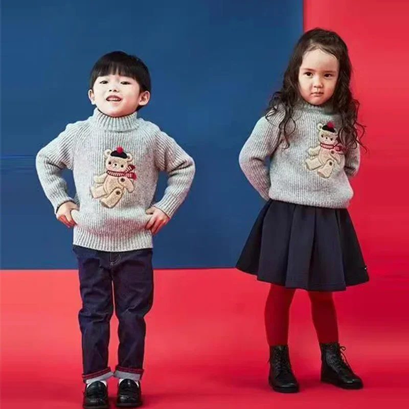 

2023 Spring And Autumn Tide Brand Children's Clothing F Family Little Bear Wool Solid Color Girls Brother and Sister Sweater