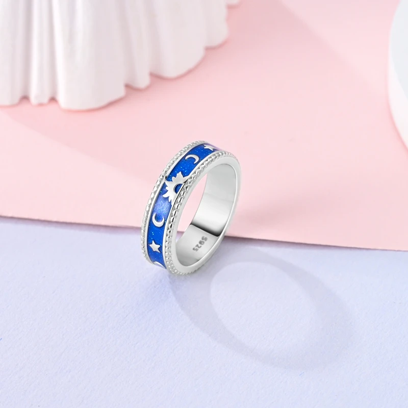 オリジナル 925 スターリングシルバー発光スタームーンリング女性ガールズジュエリー誕生日記念日ギフト