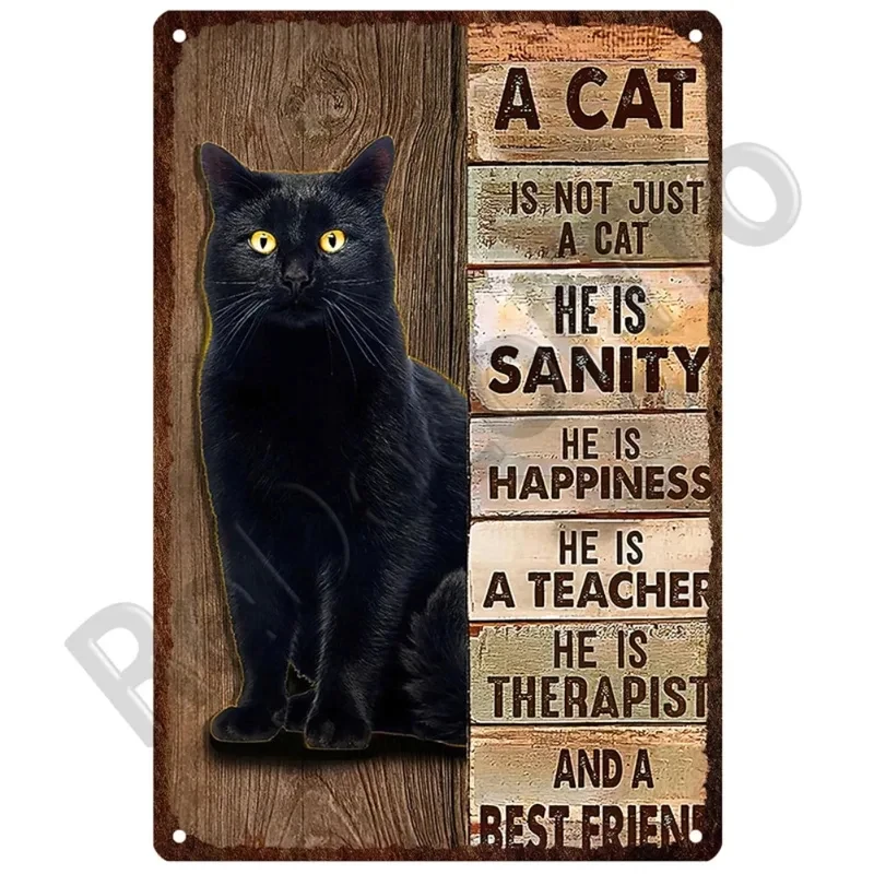 Retro Black Cat Metal Vintage Poster Funny Dog Wall Art Pet Sign Cafe Mural Plaque Metal Sign Tin Sign 1PC