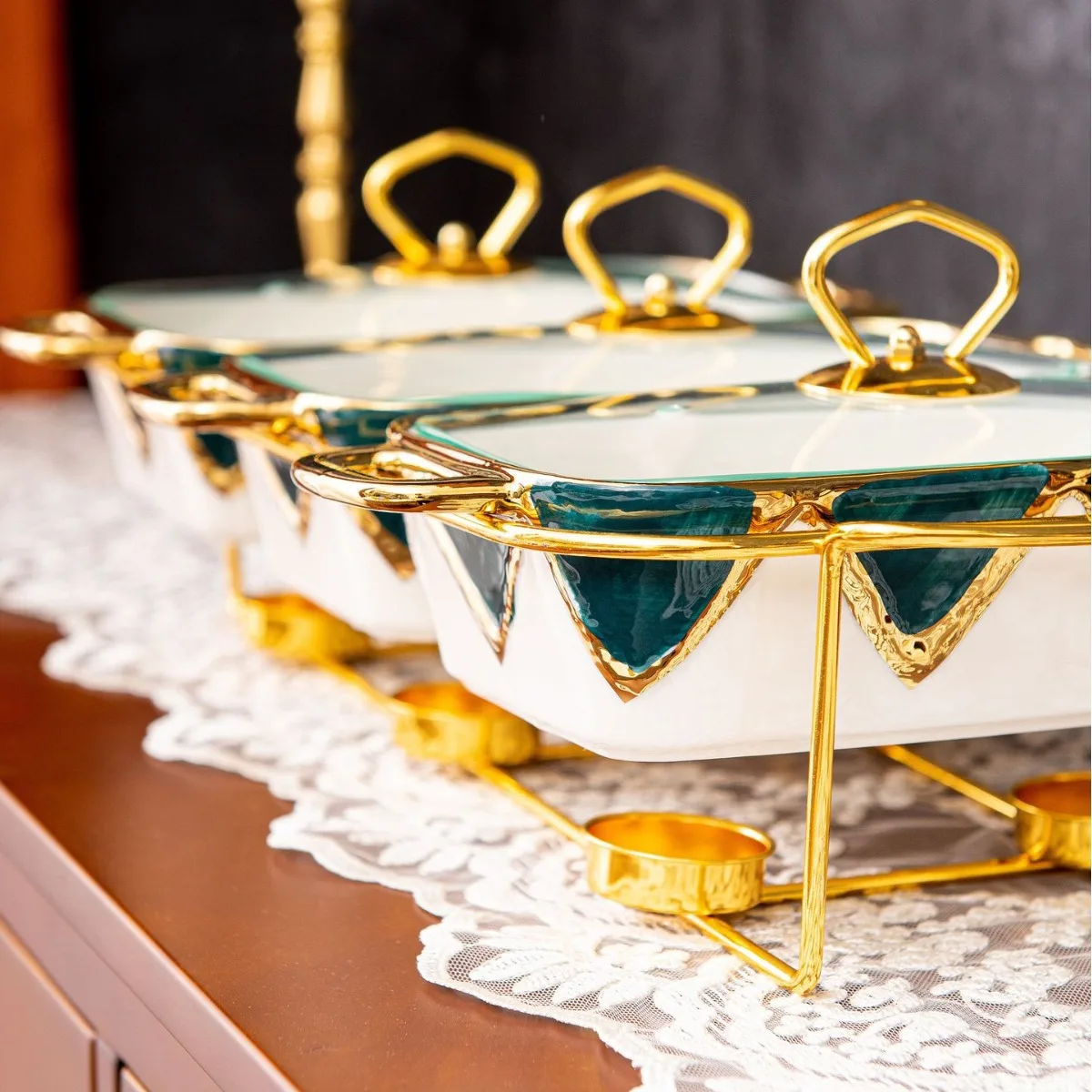 Casserole three-grid rectangular golden ceramic casserole heating baking pan dry soup pot 3pcs baking ware