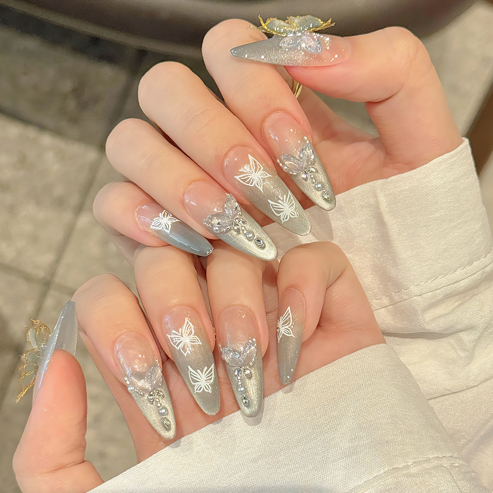 그라데이션 블루 캣아이 네일 팁 수제 3D 나비 프레스온 네일 프렌치 Y2k 웨어러블 아몬드 네일 팁