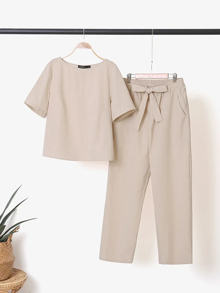 2025 ZANZEA 여름 2PCS 매칭 세트 짧은 소매 블라우스 하렘 바지 세트 여성 의상 캐주얼 솔리드 Tracksuit 두 조각 세트