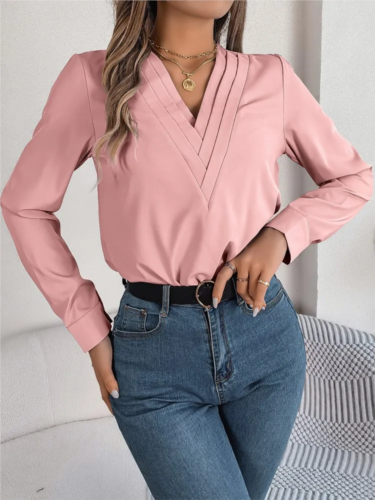 

Women's Fashion Commuting Casual Top Spring Autumn Elegant And Simple Solid Color Layered V-neck Long-sleeved Versatile Shirt