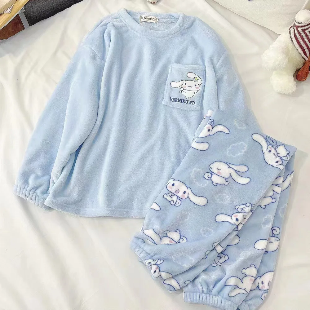 Kawaii Sanrio Anime Cinnamoroll Pajamas Kuromi My Melody Flannel Pullover Coral Velvet Winter Warm Pajamas Homewear Girl Gifts