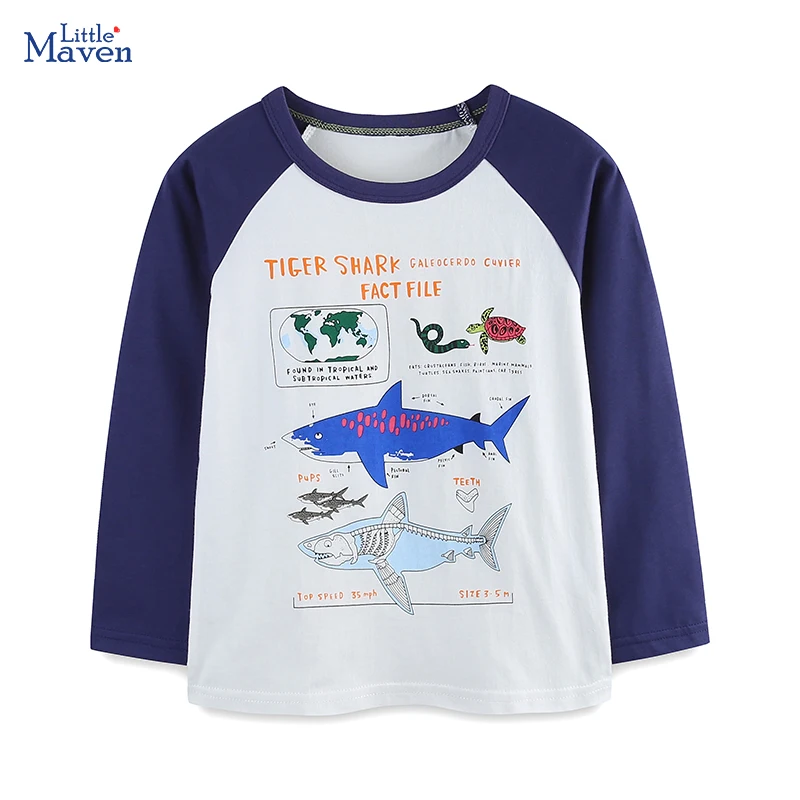 Little maven Children's Clothing Boys Cartoon Sharks Long Sleeves T-shirt Cotton Autumn TIGER SHARK FACT FILE Novelty Kids Tops