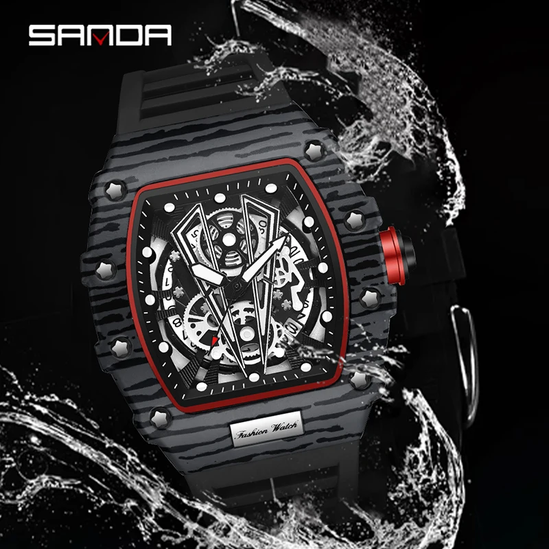 Fashion Sanda 7045 Top Brand Luxury Tonneau Men Military Chronograph Sport Waterproof Silicone Strap Quartz Wrist Watches