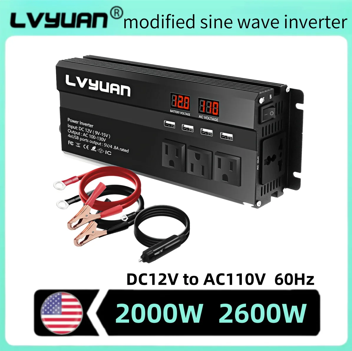 AC110V 2600W Inverter DC12V Car Inversor 60Hz For Chainsaw Household Powerful Inversor DC to AC Volatge Transformer