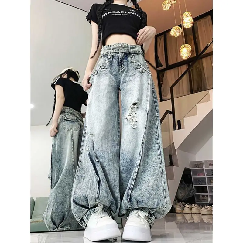 

Y2k American Ripped Wide Leg Jeans Women Autumn High Waist Streetwear Loose Denim Pants Hip Hop Grunge Bloomers Trousers Trend