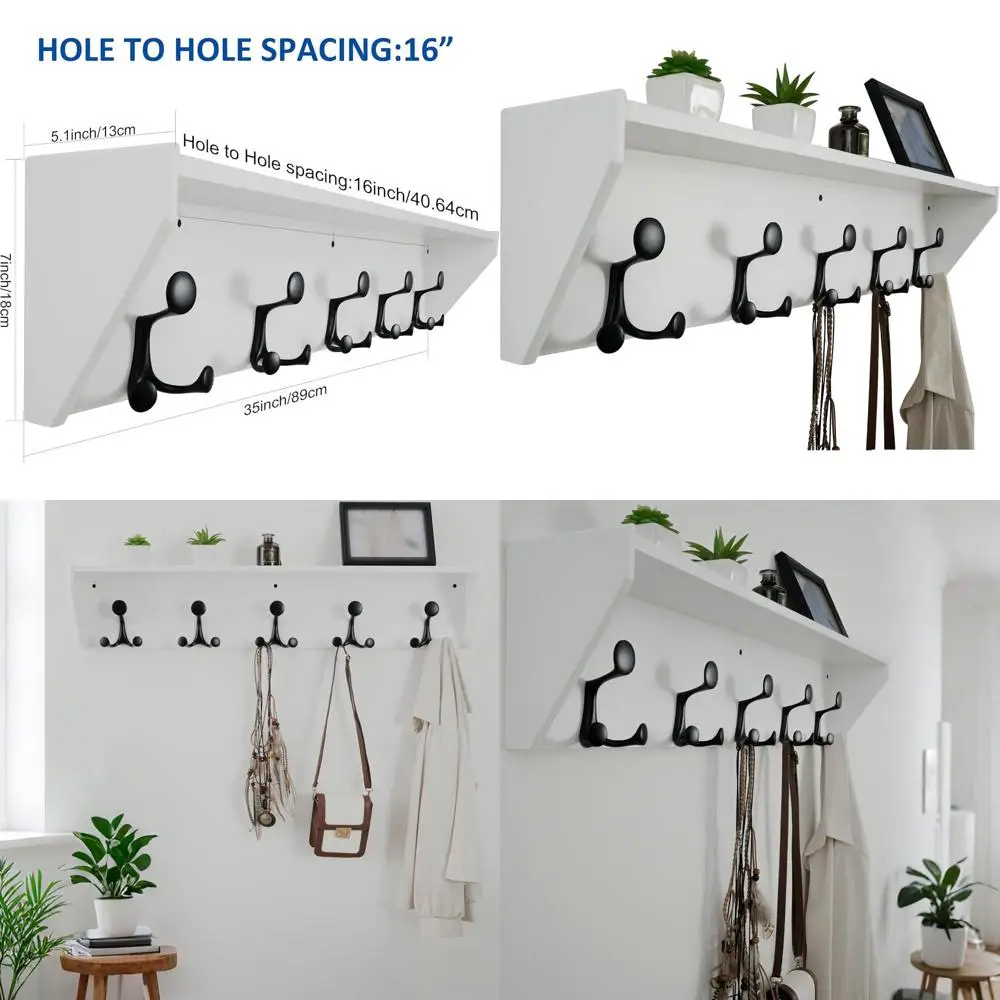 

Белая настенная вешалка для одежды с полкой и 5 тройными крючками для прихожей, коридора и спальни