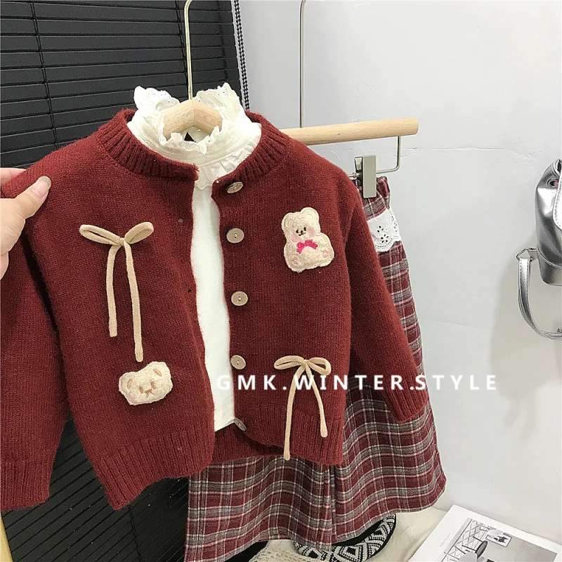 Girls Autumn Bow Sweater Coat New Children's Autumn Knitted Cardigan Top Plaid Casual Pants
