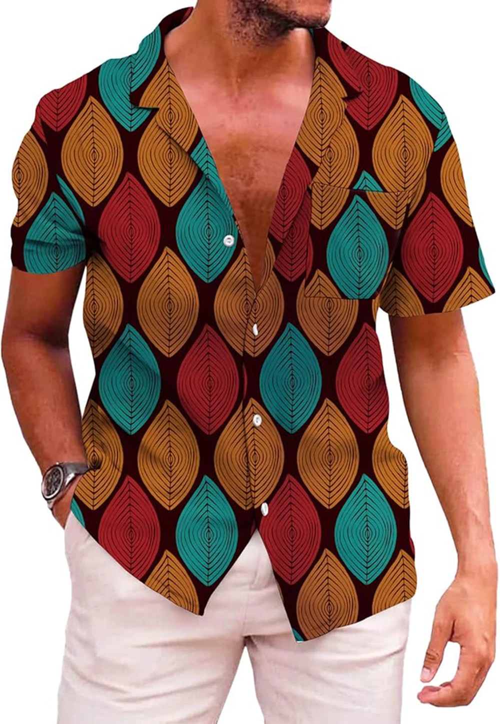 

KYKU African Shirts for Men Dashiki 70s Outfits Print Button Down Shirt Men Short Sleeve Clothing