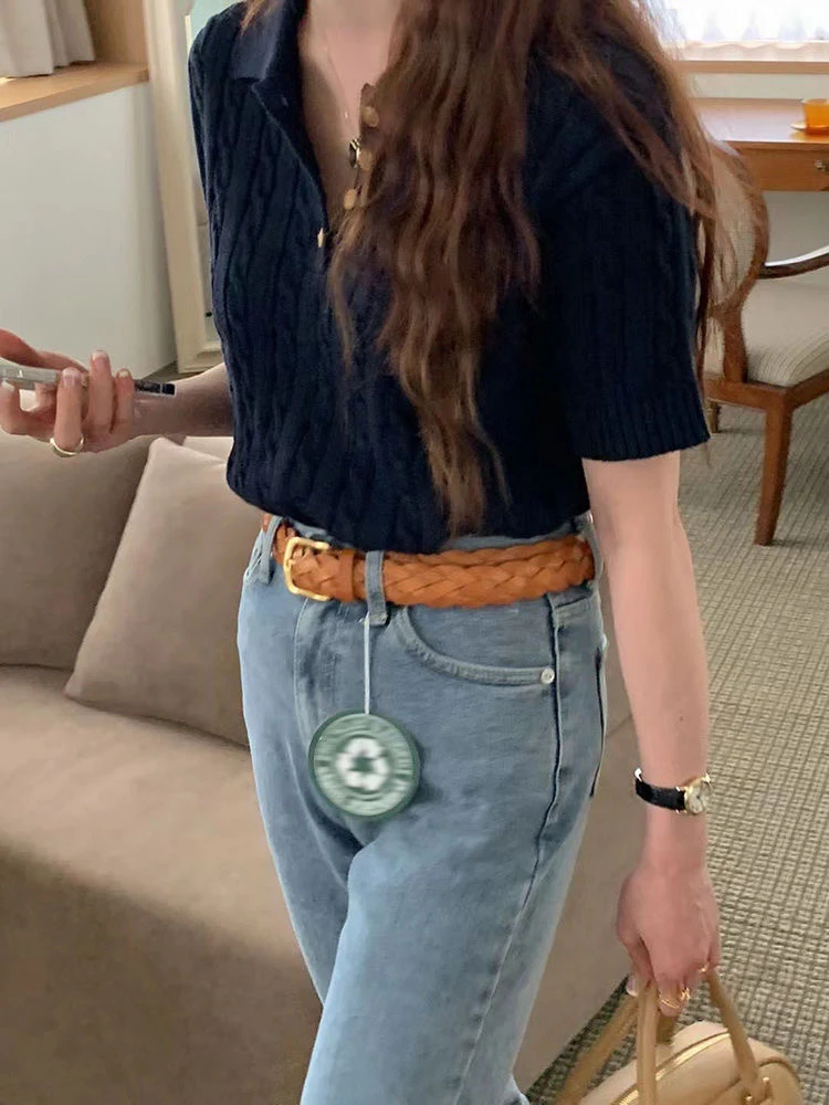 

Knitted Short Sleeve T-shirt Summer Women Tops Turndown Collar Ribbed Short Sleeve Top 2025 Korean Style Women’s Clothing