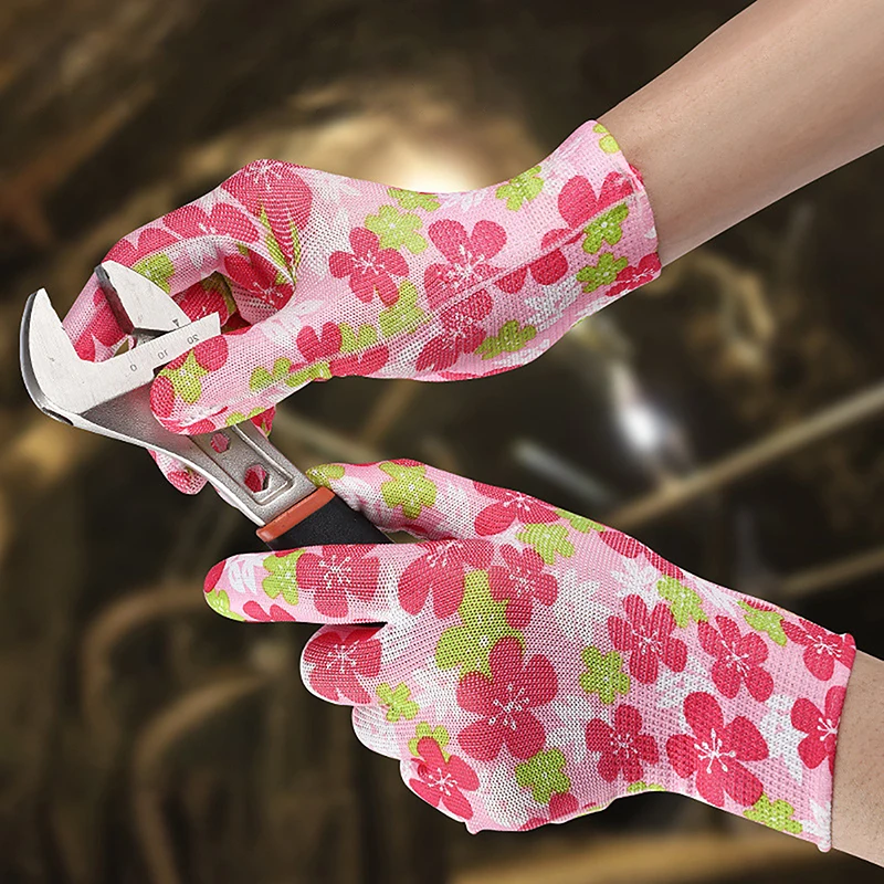 1Pair Women Garden Gloves Work Printed Pink Polyester Pink Latex Work Non-slip Safety Gloves For Mechanic Construction Tool