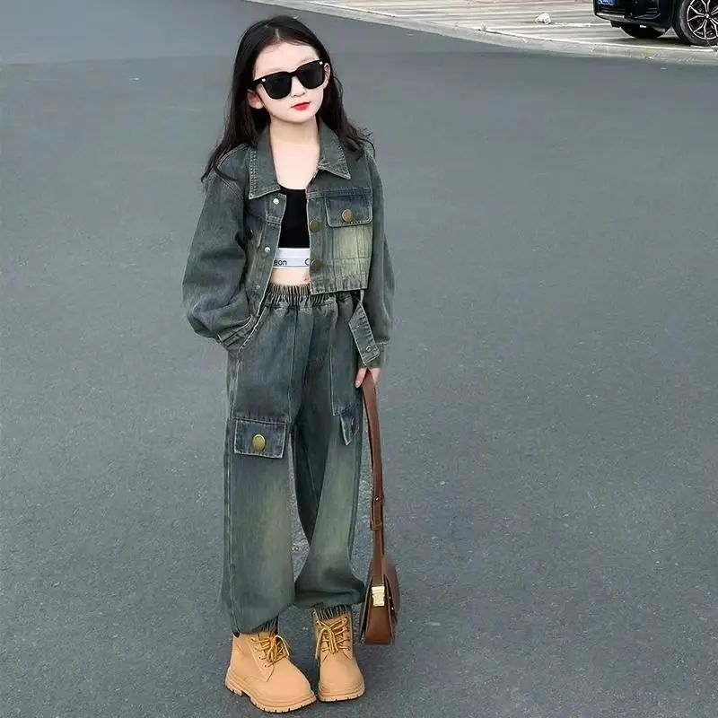 Kids Girls Denim Clothes Suits European American 2024 New Long Sleeved short Jacket+ Jeans 2pcs Children Girl Set Outfit