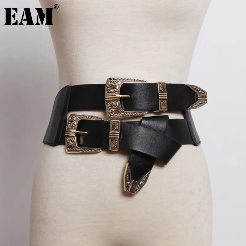 [EAM]  Pu Leather Black Double Buckle Elastic Wide Belt Personality Women New Fashion Tide All-match Spring Autumn 2024 1DF2086