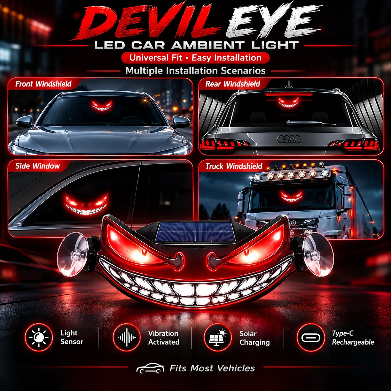 Solar-Powered Devil's Eye Light Led Car Ambient Light Dynamic Expression Warning Light for Car Rear Window