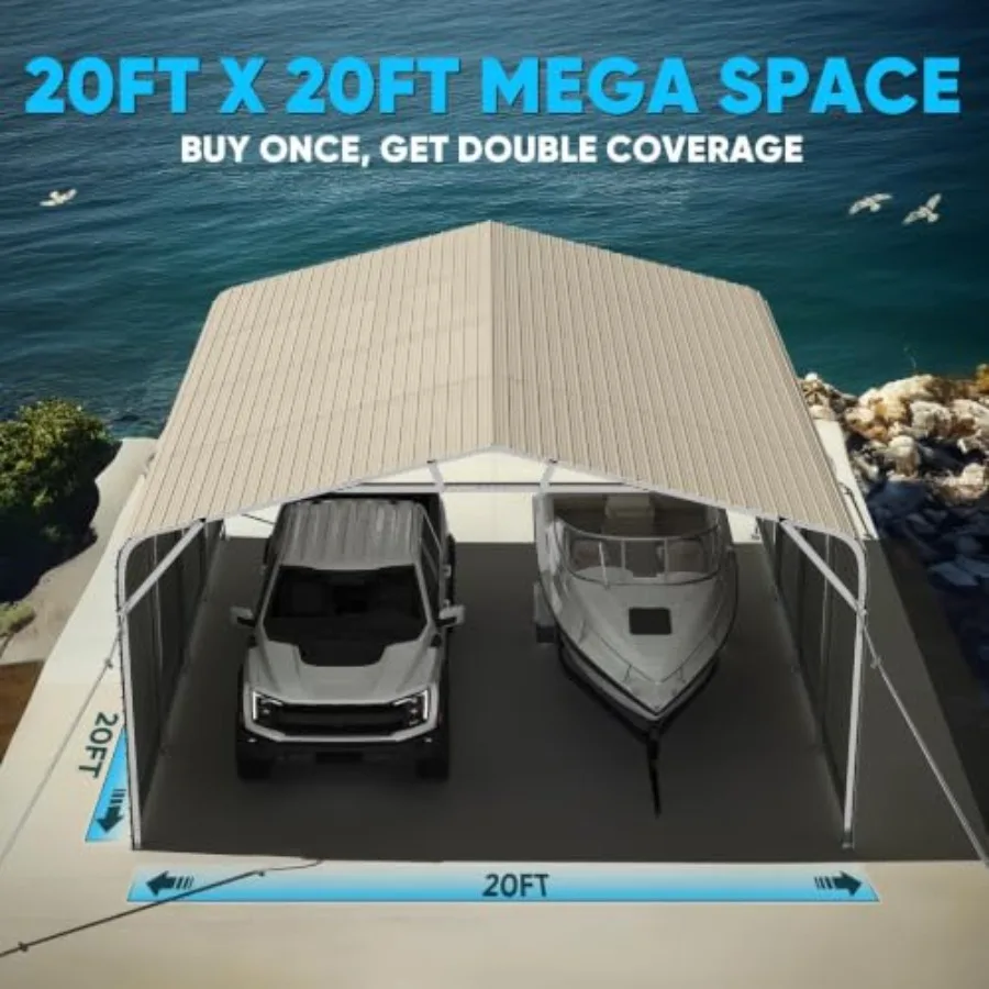Outdoor garage canopy for cars, boats farm equipment: heavy-duty steel, gray, fully enclosed with side panels and pre-drilled h