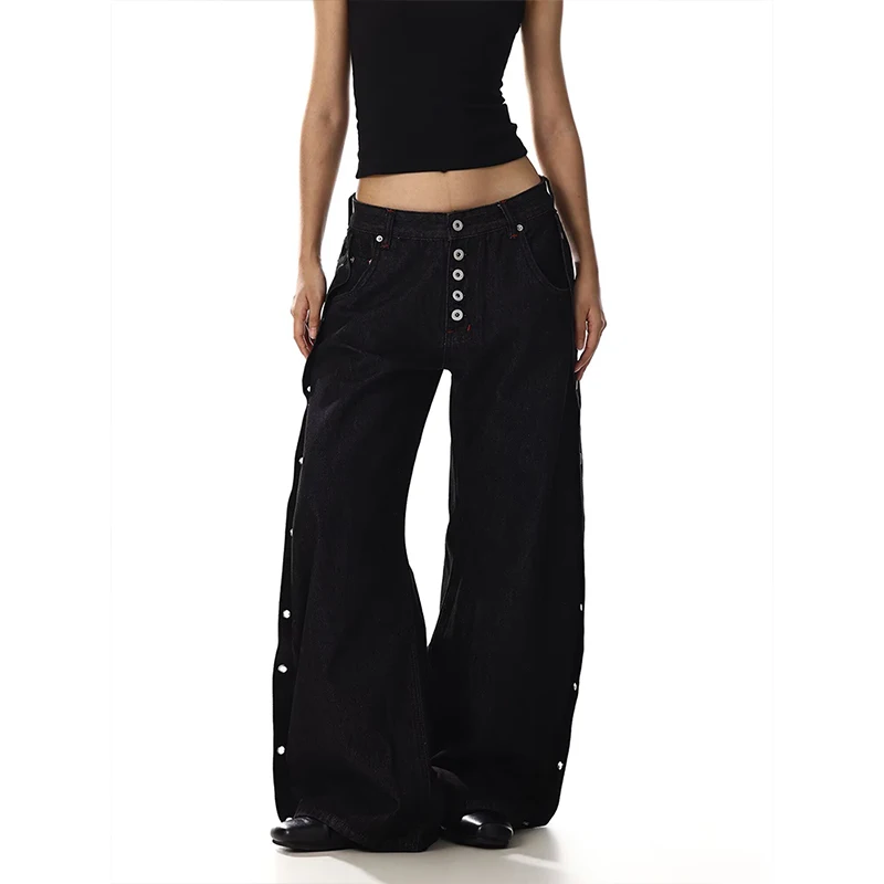 Women's Black Gothic Style Cargo Jeans Pants Y2K Harajuku High Street Aesthetic Vintage Wide Leg Denim Trousers Clothing