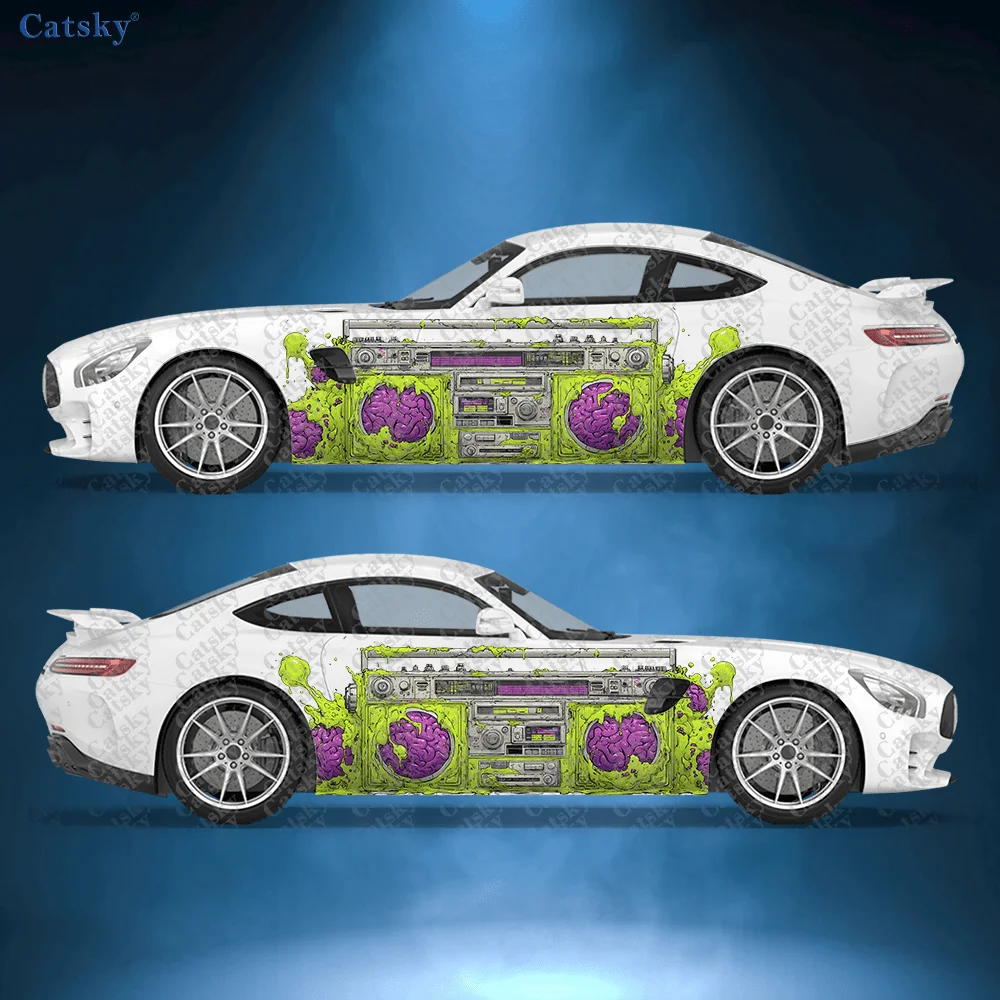 2pcs Purple brain splatter green radio sticker, durable, fade-proof, easy to install and remove - enhance your vehicle's aesthet
