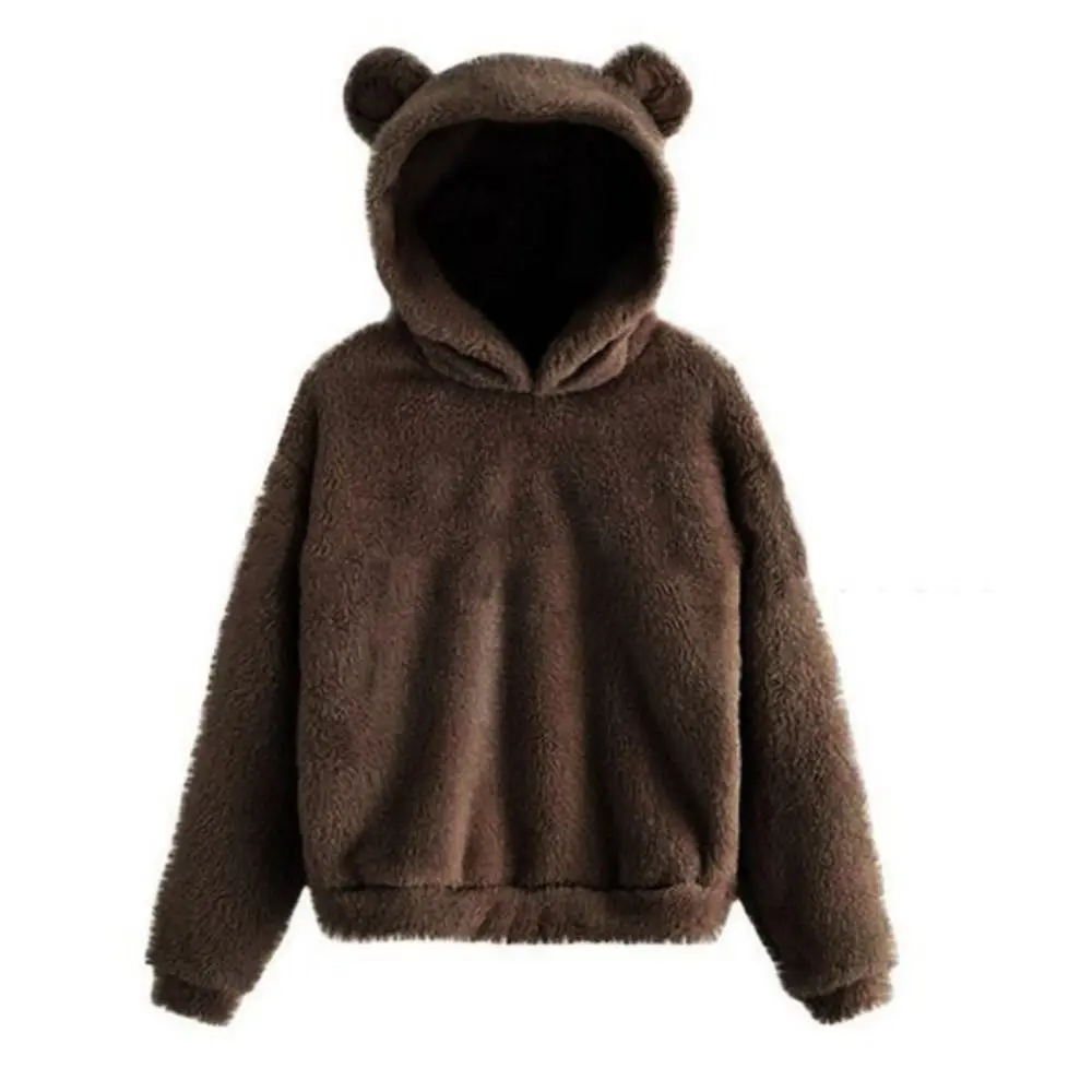 Casual Long Sleeve Bear Ear Hoodies Outwear Solid Color Hoodies Pullover Clothes Fuzzy Fleece Sweatshirt Autumn