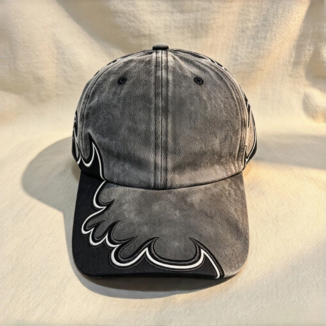 Retro distressed dad hat with flame pattern embroidery baseball cap, adjustable snap-on brim, street fashion accessory