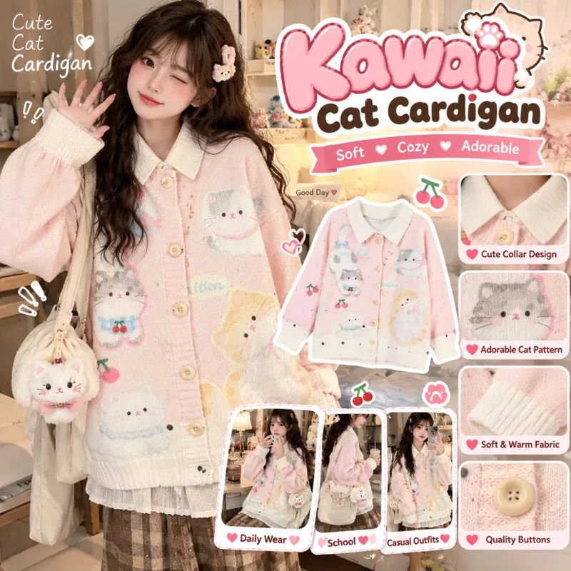 Cat Cherry Top Girl Cute Print Knit Cardigan Pattern Soft Loose Sweater, Autumn Winter Casual Outerwear Fashion Coat Gift New