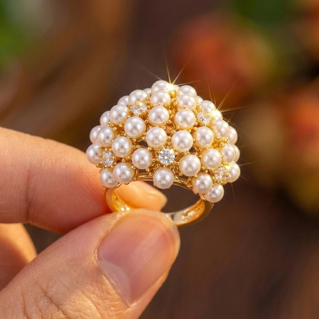 Old Money Perlen-Blumencluster Cocktailring für Damen, Massiver Messingring mit Hohldesign, Eleganter Abendparty-Schmuck, Statement-Stück – Detail 3