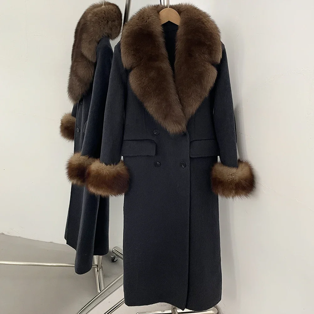 OFTBUY Großer Natürlicher Pelzkragen Doppelreihiger Langer Damen-Wollmantel Winter Warmer Dicker Schlanker Wollmantel mit Echtpelz – Detail 18
