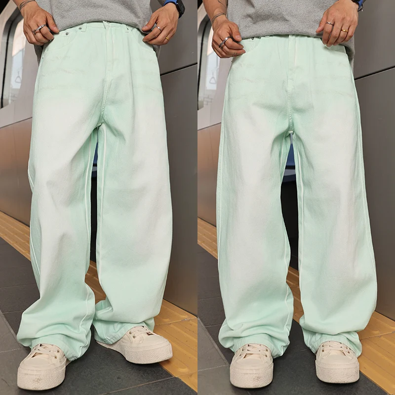

2025 Fashion Men's Clothing Mint Green Jeans Men's Casual Street Trend Large Loose Wide Leg Denim Pants
