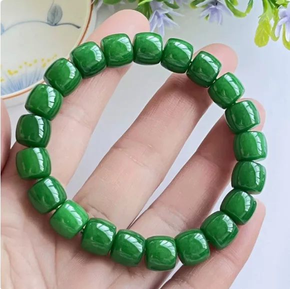 Grade A Natural Myanmar Jadeite Bracelet Imperial Green Barrel Beaded Jade Bangle Authentic Burmese Jade Beads Bracelets