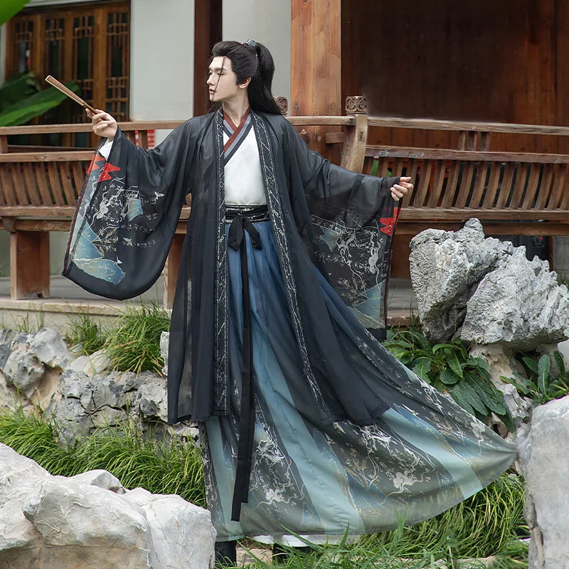 

Men's New Chinese Print Hanfu Set Black Cardigan Horse Face Skirt Suit Ancient Martial Arts Costume Halloween Cosplay Clothes