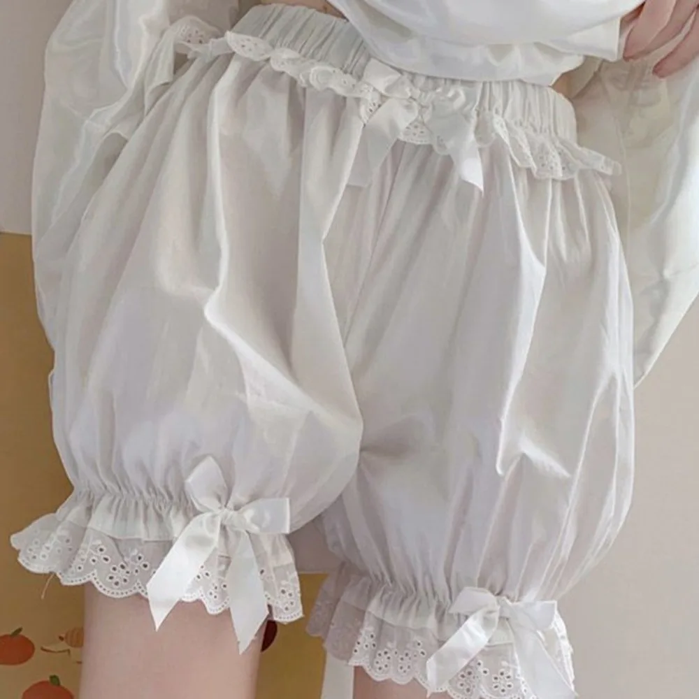 

Sweet White Lolita Safety Shorts Cotton Bowknot Ruffles Knickers Underpants Elastic Waist Shorts Women Girls