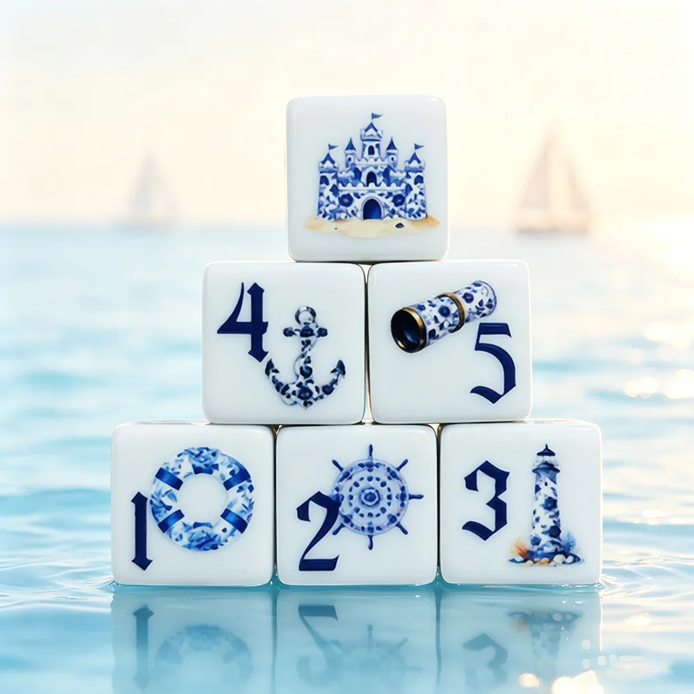 12Pcs Blue Nautical 16MM Printed D6 Acrylic Dice,White Six Sided Dice With Lighthouse Anchor Castle Pattern, Tabletop Board Game