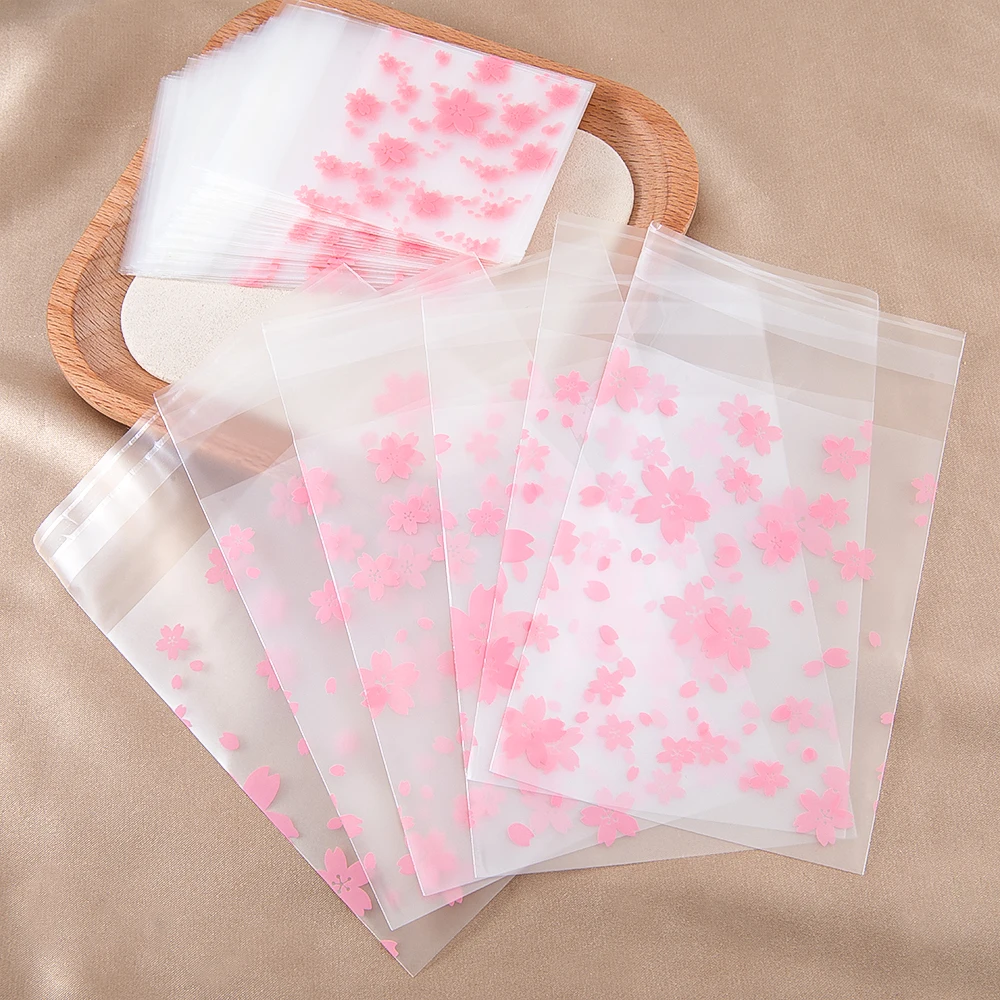 100Pcs Five Sizes Pink Sakura Transparent Plastic Gift Pouch Self-adhesive Biscuits Candy Jewelry Gift Packaging Plastic Bag