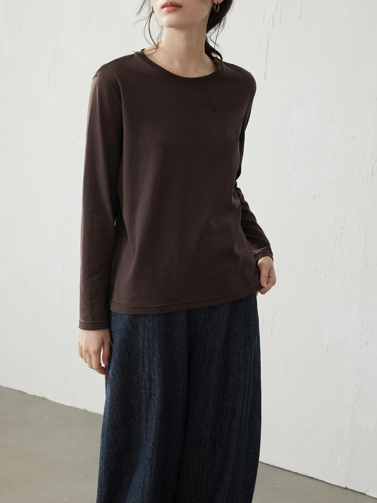 

High Quali Long Sve T-irt Linen Mix Cotton Cotton Basic Sle Coffee Brown Women's Loose Fit Casual Sle T-irt