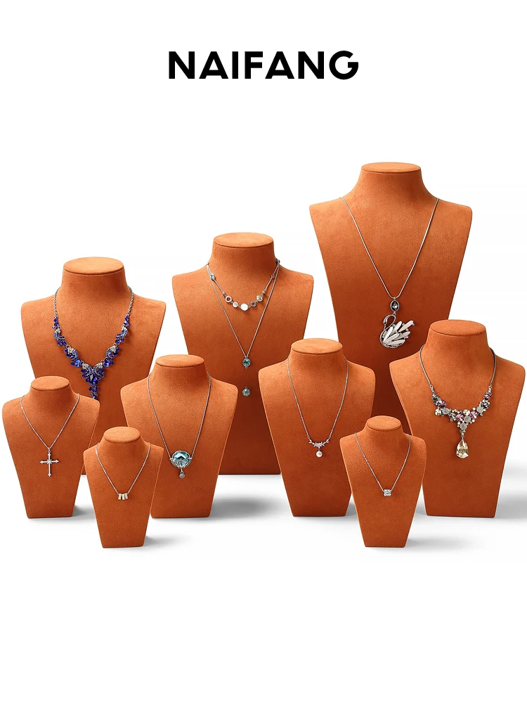 Soporte de exhibición de collar de microfibra naranja, modelo de cuello de retrato, accesorios de ventana de exhibición de joyería