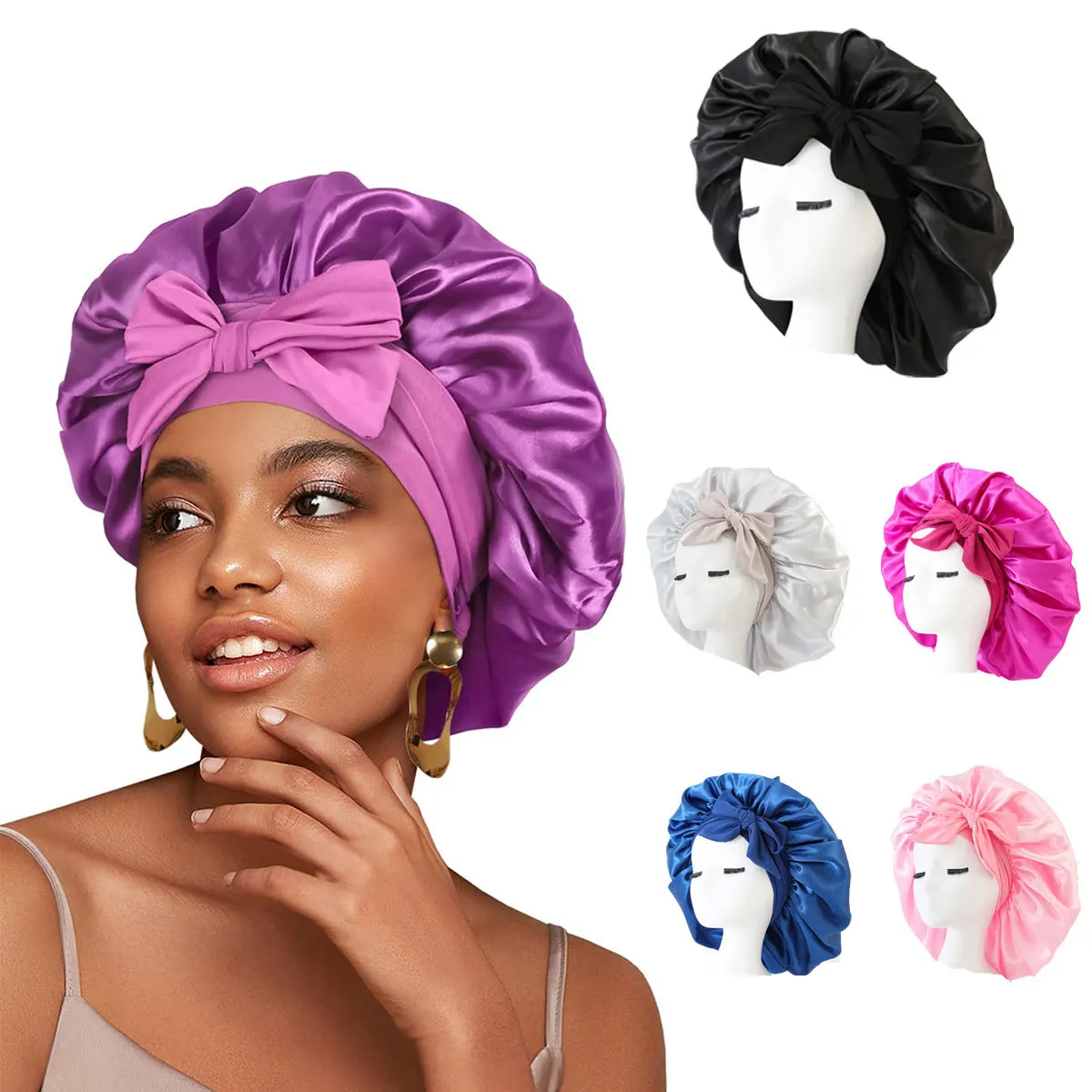 Europe and the United States selling style color cloth streamer round hat bow imitation silk women's nightcap beauty hair care h